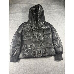 7 For All Mankind Black Down Filled Hooded Puffer Jacket Genuine Rabbit Sz M